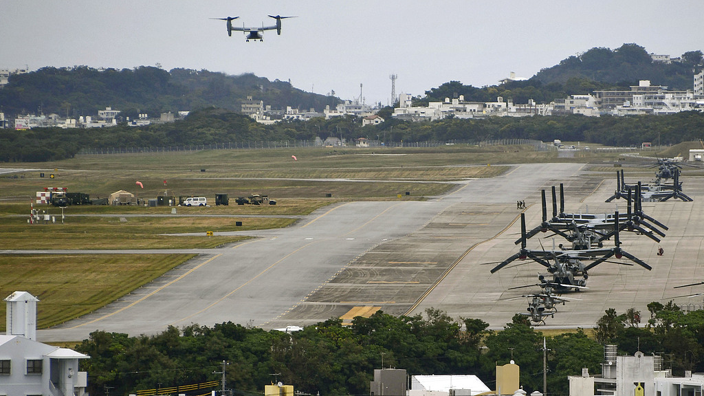 An Osprey aircraft prepares to land at Marine Corps Air Station Futenma in Ginowan, Okinawa Prefecture, Japan, December 1, 2023. /VCG