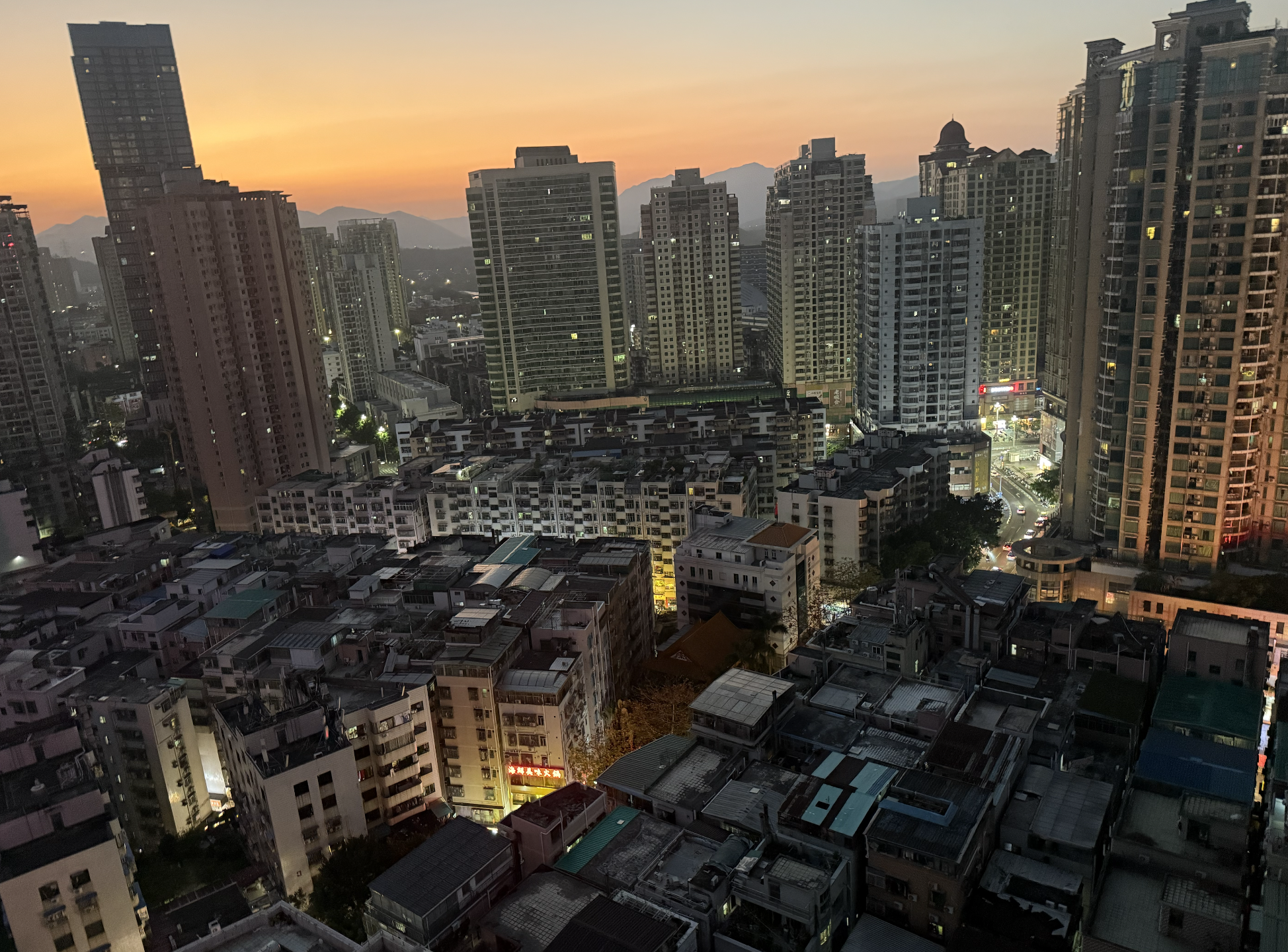 A view at the Xiangxicun urban village from a hotel window at dawn.
