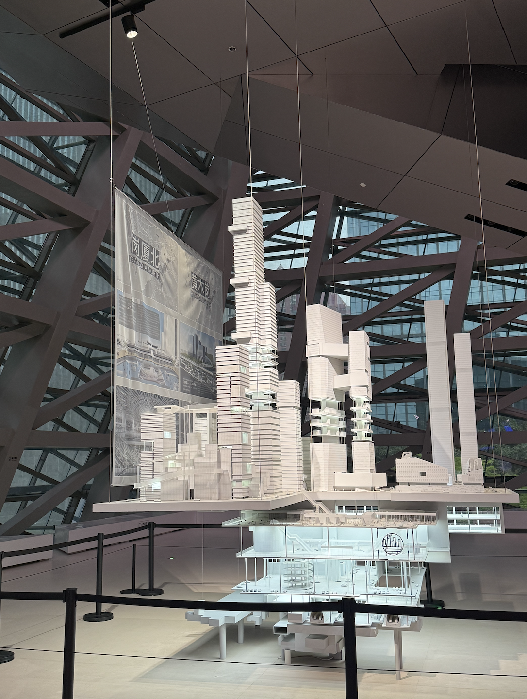 In the museum's urban planning wing, a suspended scale model of the Gangxia North and Huangmugang districts.
