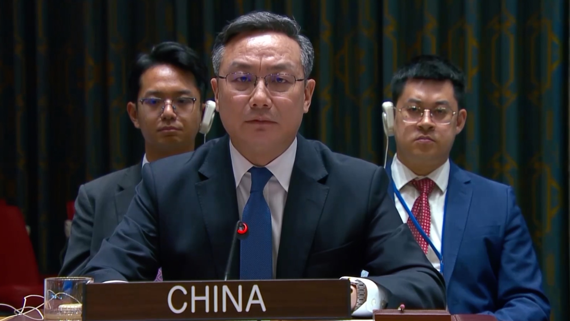 Sun Lei, the charge d'affaires of China's Permanent Mission to the United Nations, speaks during a Security Council open debate on the situation in the Middle East, July 28, 2026. /CMG