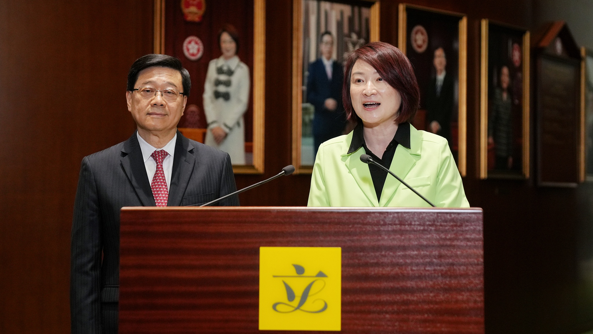 HKSAR Chief Executive John Lee (L) and LegCo President Starry Lee meet the press after a dialogue and exchange session in Hong Kong Special Administrative Region, south China, July 28, 2026. /VCG