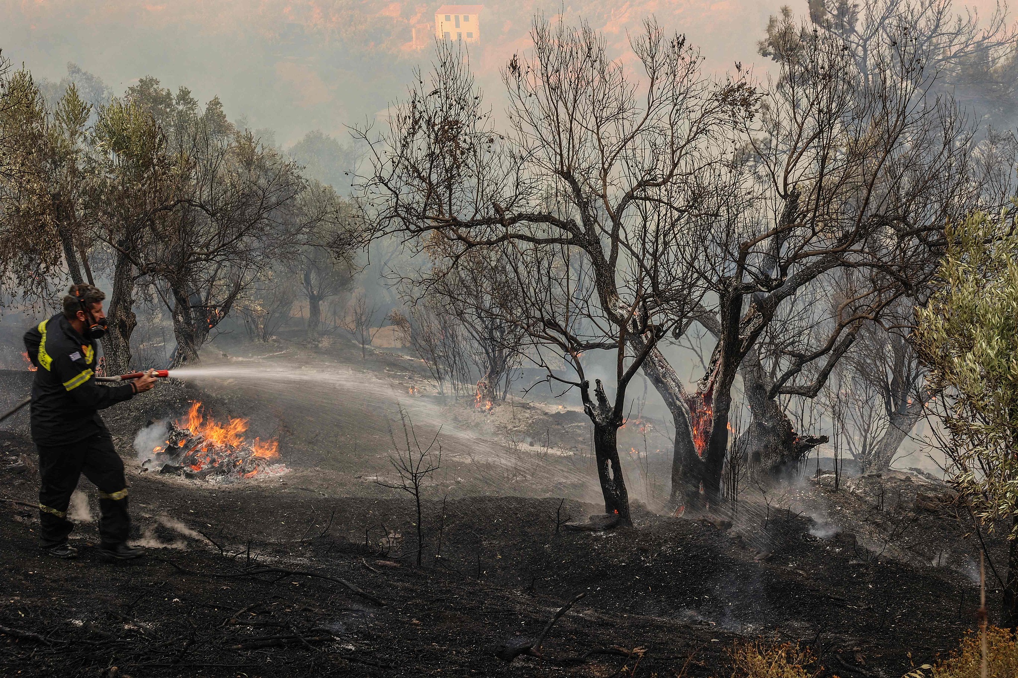 A fireman sprays water to extinguish a fire in the town of Plomari on the Greek island of Lesbos on July 29, 2026. /VCG
