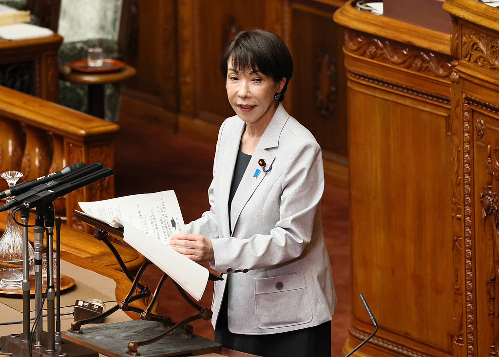 Japanese Prime Minister Sanae Takaichi responds to questions regarding the National Intelligence Council Bill in the plenary session of the House of Councillors, Japan's upper house, at the National Diet Building in Tokyo, Japan, May 8, 2026. /CFP 