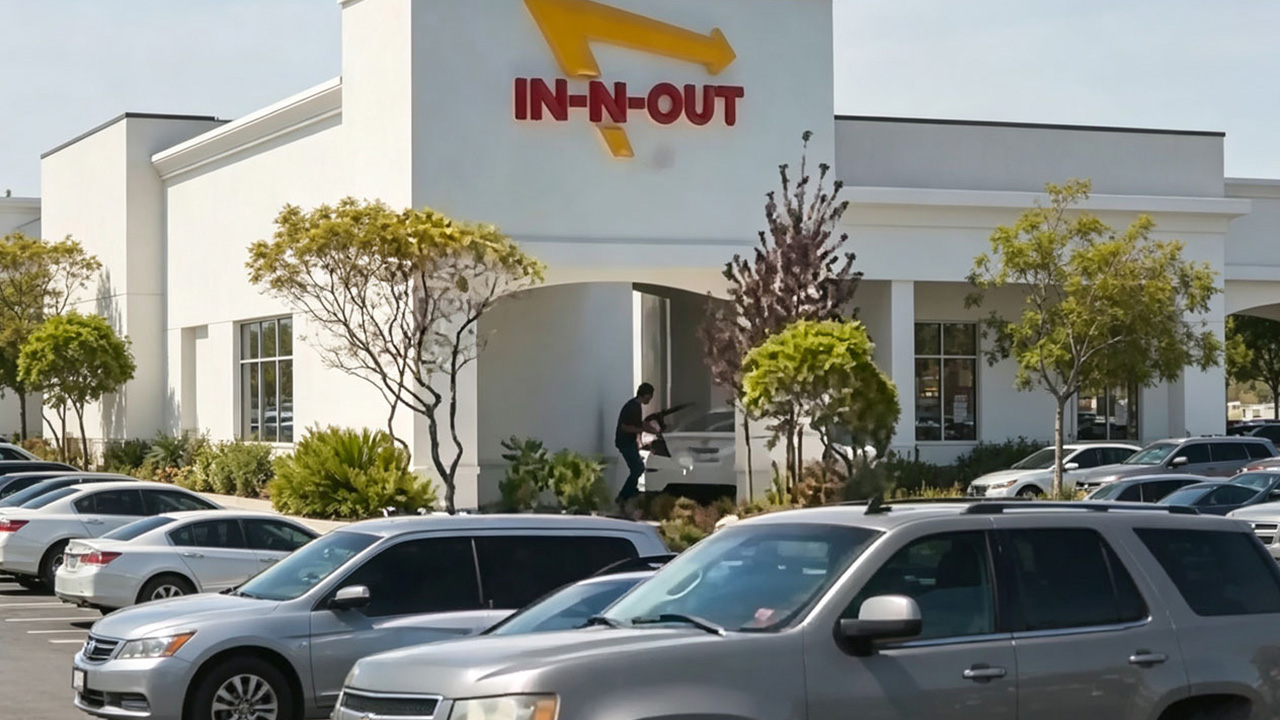 A still image captured from video recorded by a witness shows the scene of a shooting that started at an In-N-Out Burger restaurant in Twin Falls, Idaho, US, August 1, 2026. /VCG