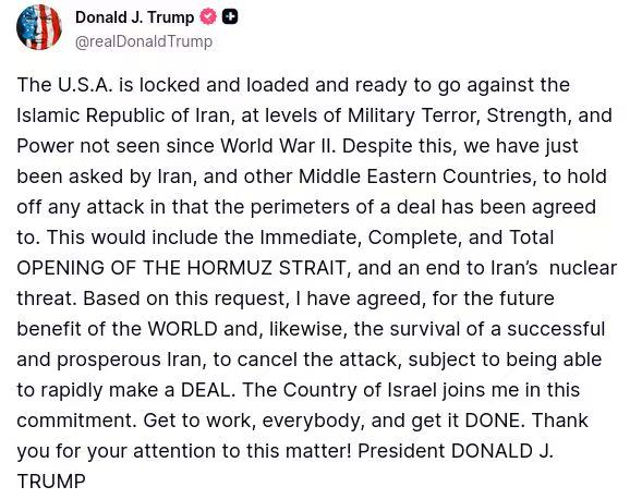 US President Donald Trump says he has agreed to hold off fresh attacks against Iran, according to a post on his Truth Social account. /@realDonaldTrump