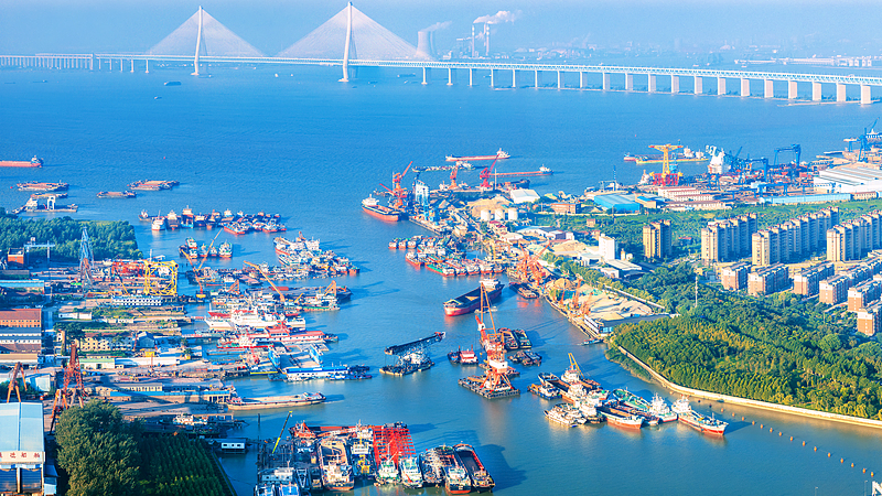 An aerial view of a bustling shipbuilding yard at Jiuwei Port in Nantong City, east China's Jiangsu Province, August 17, 2025. /VCG