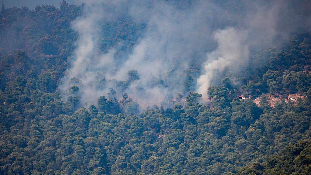 The spot on the mountain where one of the two firefighting helicopters crashed in the Psatha area in Viotia region, west of Athens, Greece, August 2, 2026. /VCG