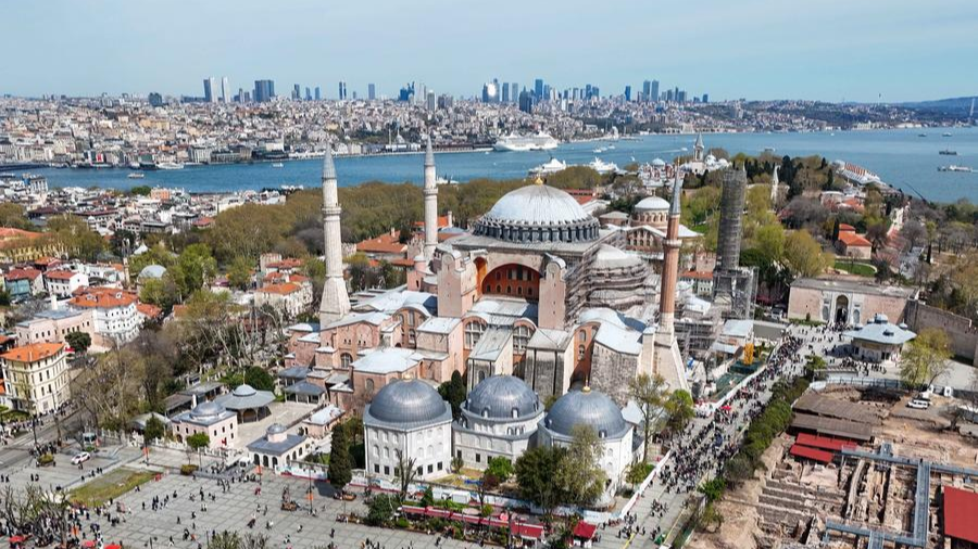 An aerial drone photo taken on April 14, 2025 shows the Hagia Sophia in Istanbul, Türkiye. /Xinhua