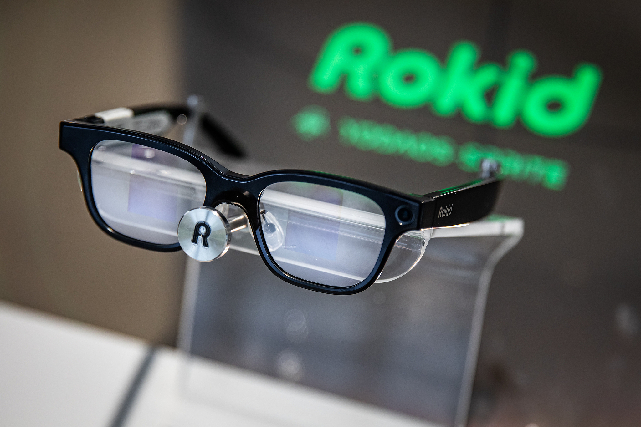 The exhibition hall of Hangzhou Lingban Technology showcased Rokid AI smart glasses on March 12, 2026, in Hangzhou. /VCG