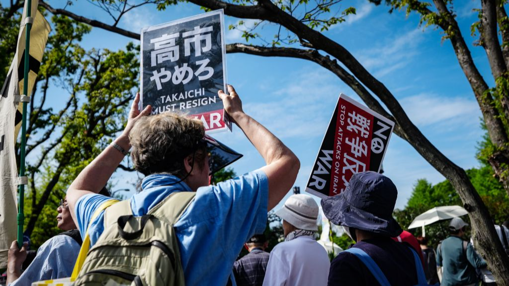 People take part in a rally around the National Diet Building in Tokyo, Japan, calling for the protection of the country's pacifist Constitution, April 19, 2026. /Xinhua
