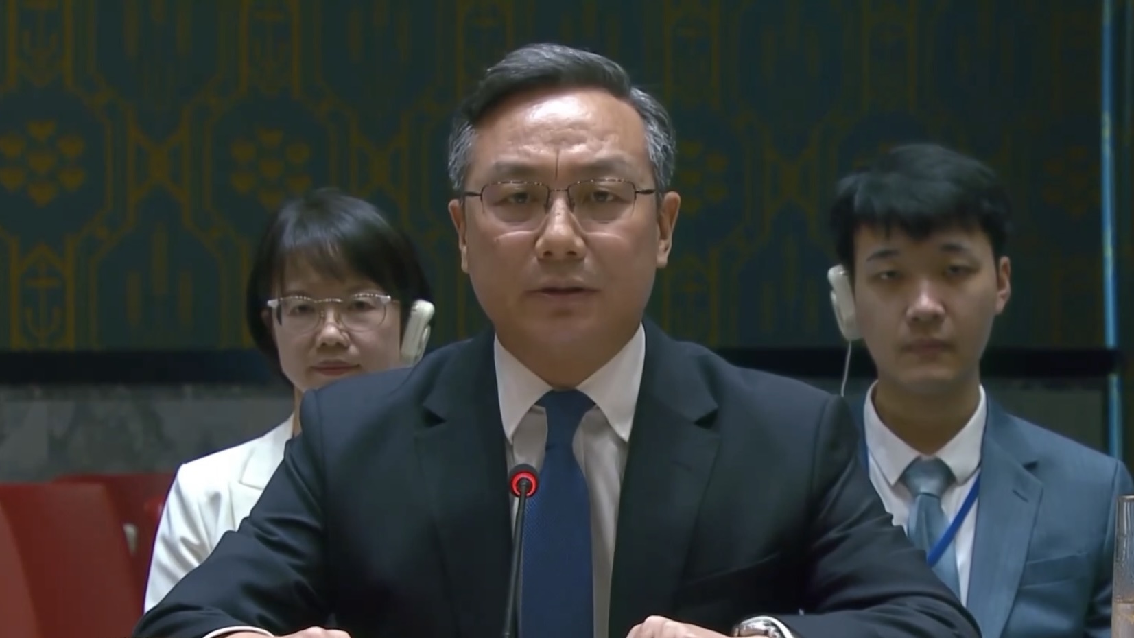 Sun Lei, chargé d'affaires of China's Permanent Mission to the United Nations, speaks at a UN Security Council meeting, August 5, 2026. /CMG