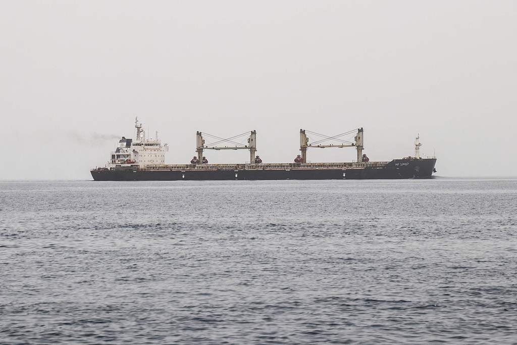 A commercial vessel passes through an international shipping lane off Yemen's Hanish Island in the Red Sea, July 27, 2026. /VCG