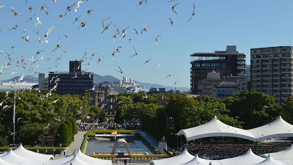 Doves are released during a memorial at the Peace Memorial Ceremony held at the Peace Memorial Park in Hiroshima, Japan, August 6, 2026. /VCG