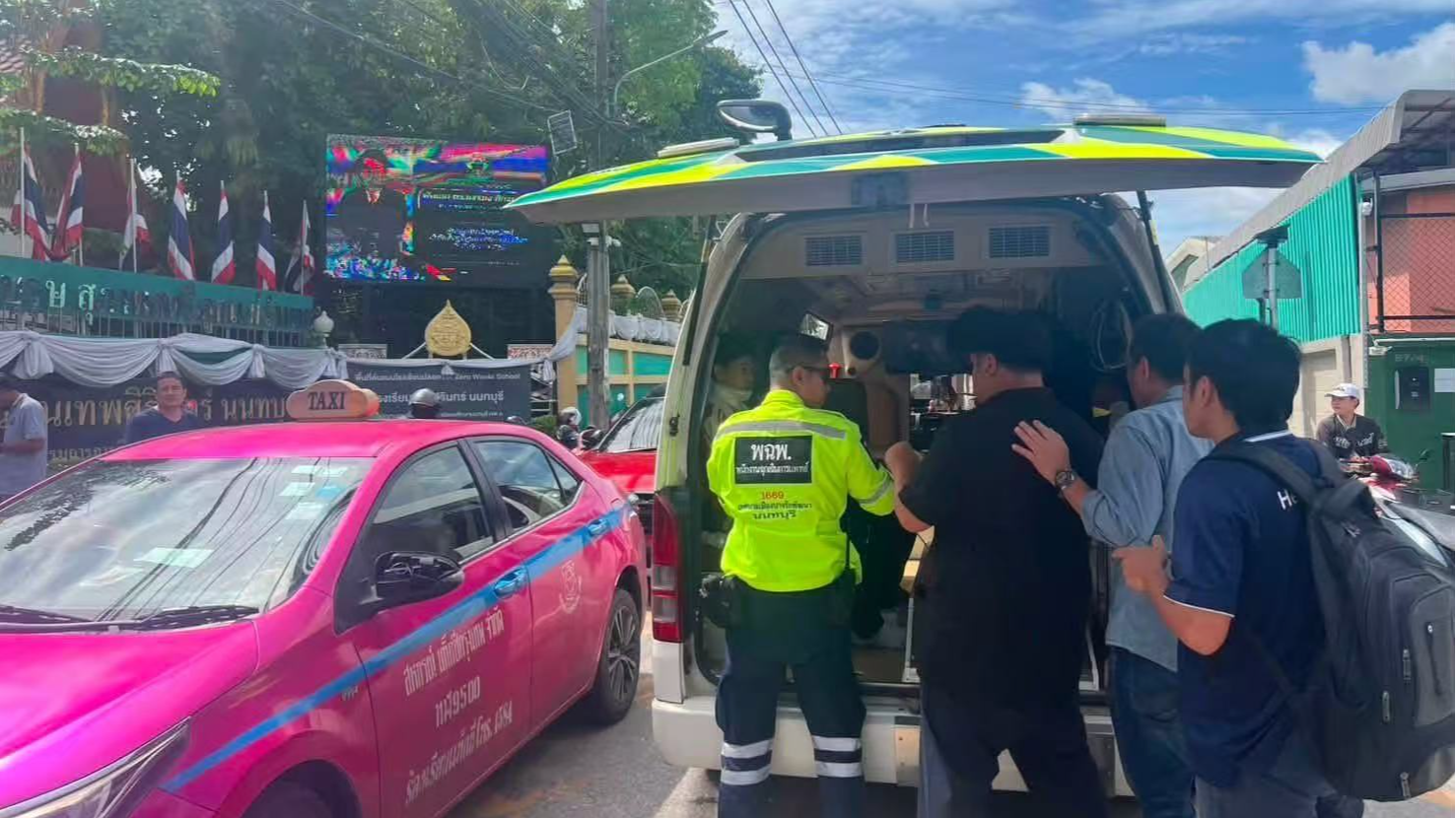 Emergency services provide assistance after a school shooting in Nonthaburi Province, Thailand, August 7, 2026. /Via Fire & Rescue Thailand