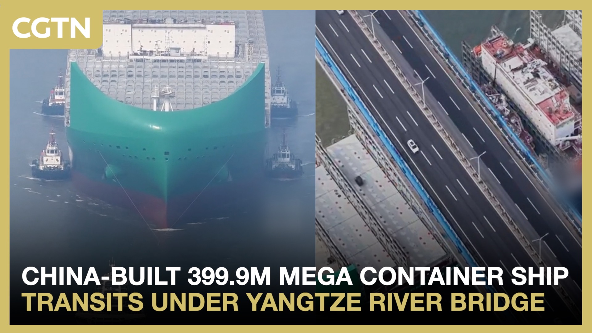 China-built 399.9 meter mega container ship transits under Yangtze River bridge