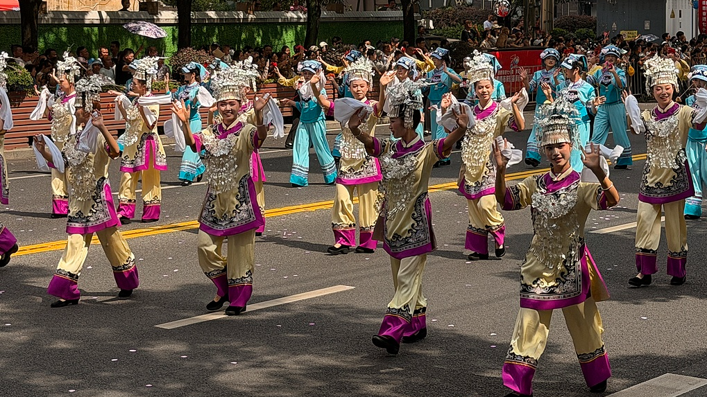 A grand ethnic unity parade is held in Duyun, Guizhou Province to celebrate the 70th anniversary of the establishment of the Qiannan Buyi and Miao Autonomous Prefecture, August 8, 2026. /VCG