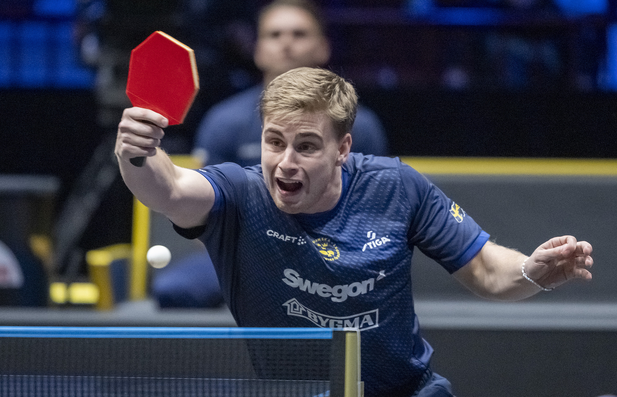 Sweden's Truls Moregard in action against Dimitrij Ovtcharov of Germany during the men's singles first round match at the WTT Europe Smash in Malmo, Sweden, August 11, 2026. /VCG