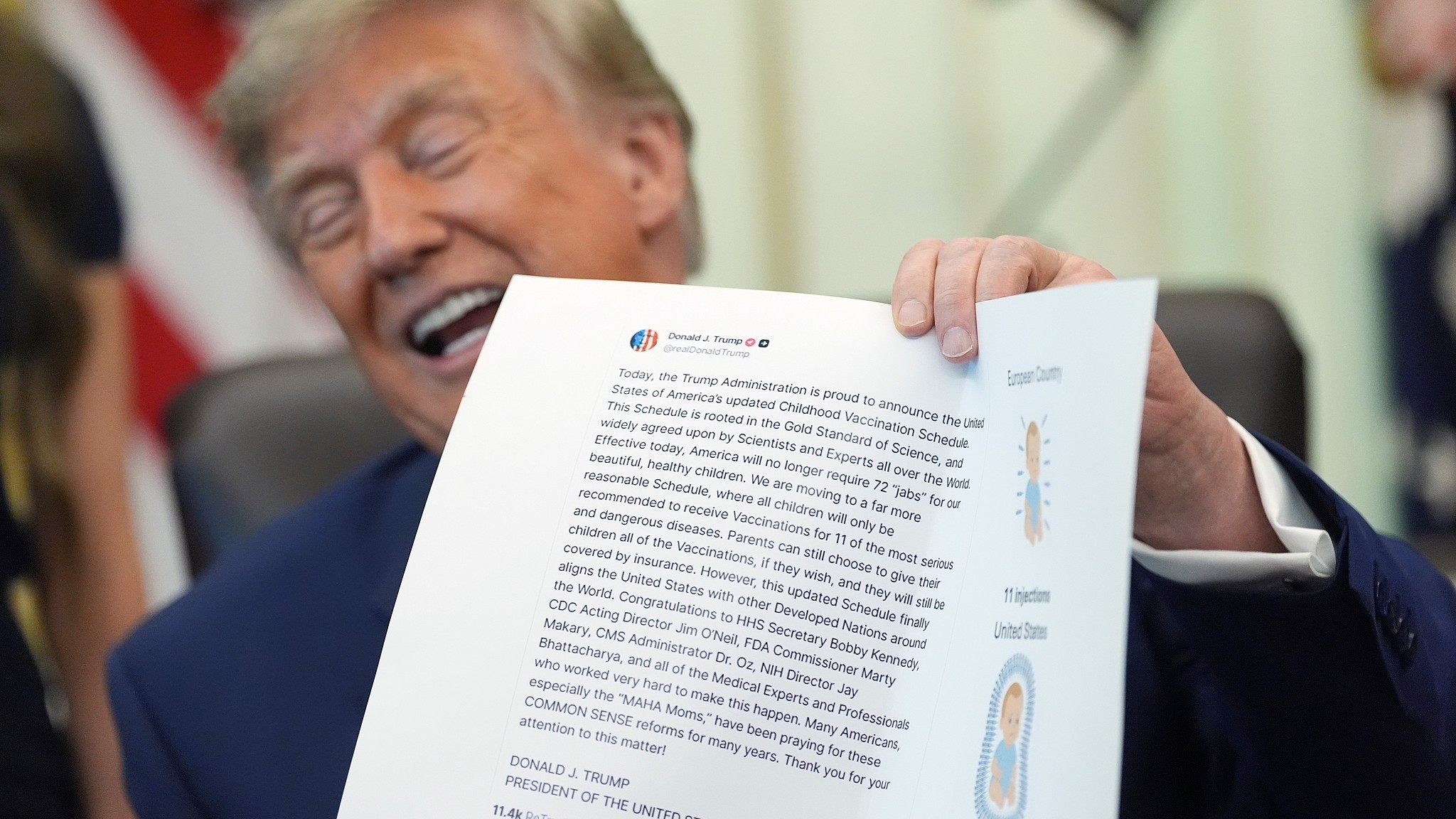 US President Donald Trump holds up an image taken from his Truth Social account during a meeting, Washington DC, US, August 10, 2026.