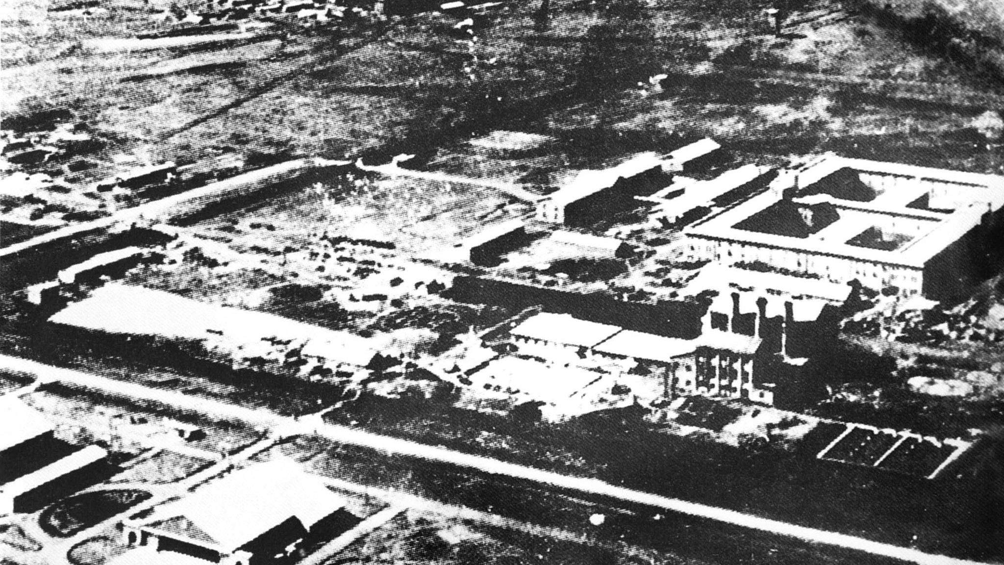 A historical photo shows a panoramic view of the headquarters of Unit 731, the Japanese military's biological and chemical warfare unit, in Harbin, northeast China's Heilongjiang Province. /VCG