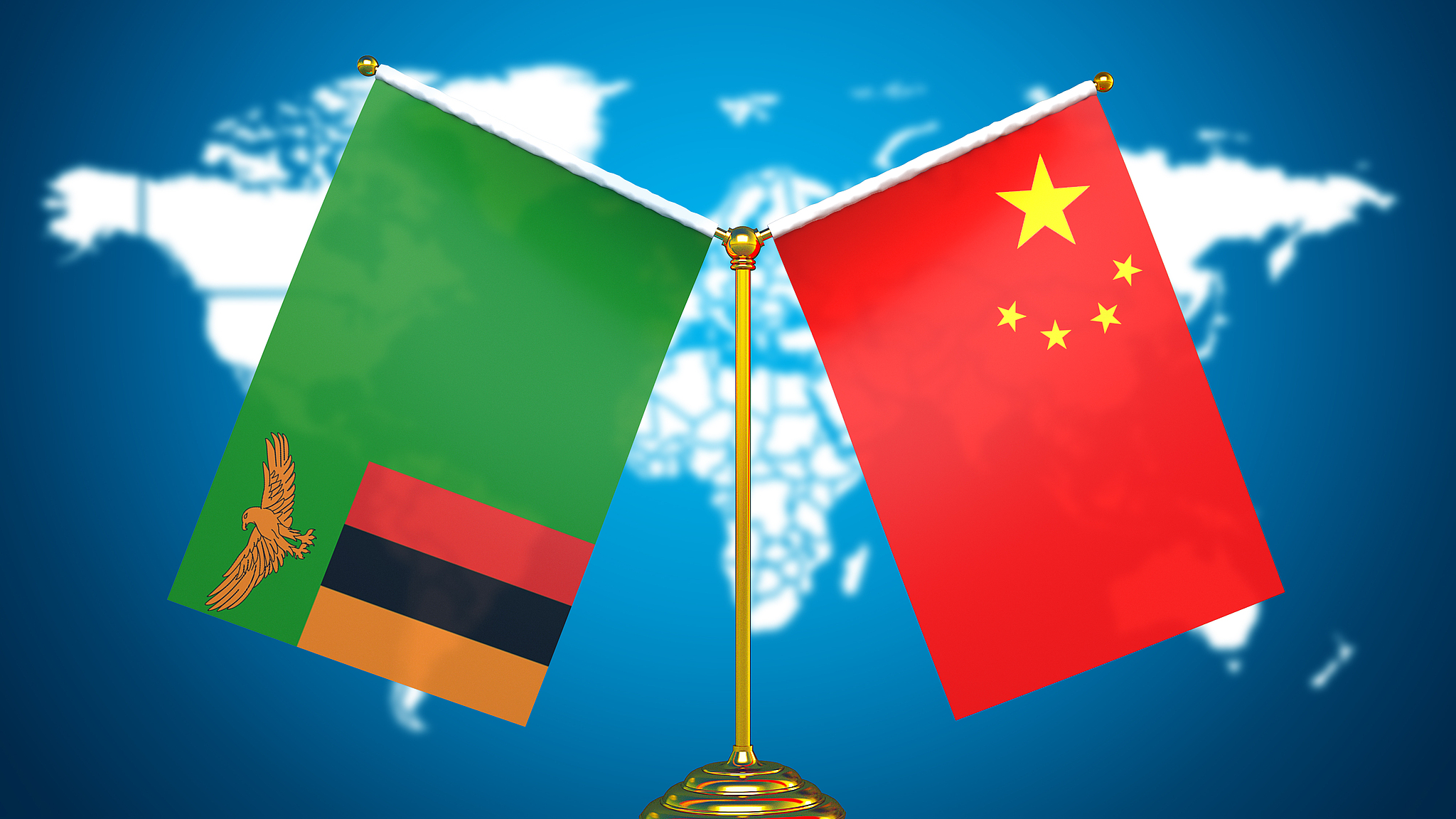 The national flags of China (R) and Zambia. /VCG