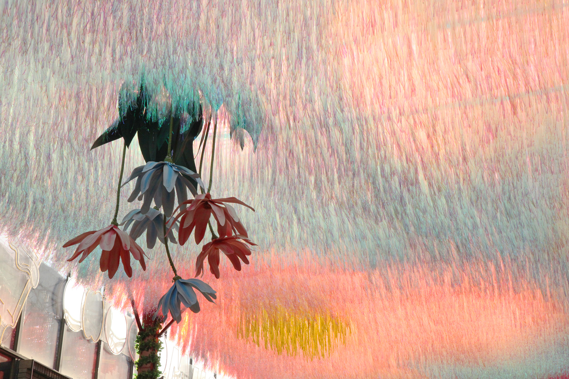 A view of the flower-themed art canopy over Langfang Toutiao Hutong in Beijing's historic Qianmen area. /CGTN
