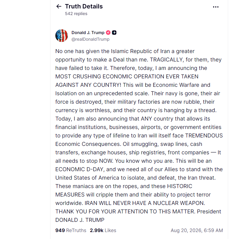 US President Donald Trump warns of economic consequences against any country that ‌supports ‌Tehran in a Truth Social post. /@realDonaldTrump