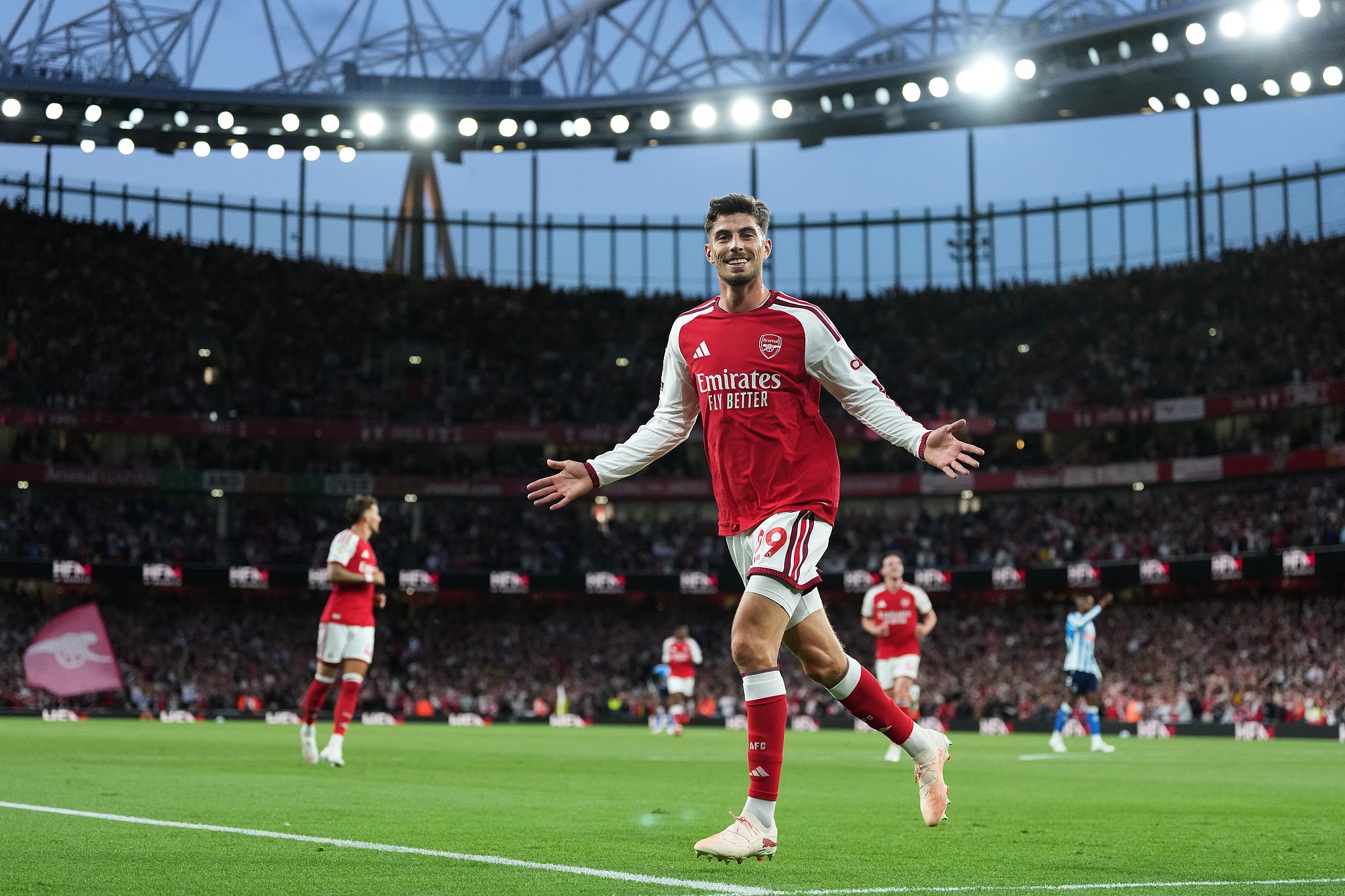 Arsenal striker Kai Havertz celebrates after scoring a goal against Coventry in a Premier League match in London, England, August 21, 2026. /VCG