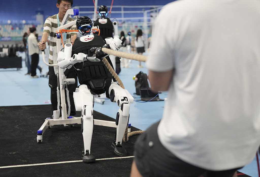 A humanoid robot undergoes a tug-of-war test at the second World Humanoid Robot Games in Beijing, China, August 17, 2026. /VCG