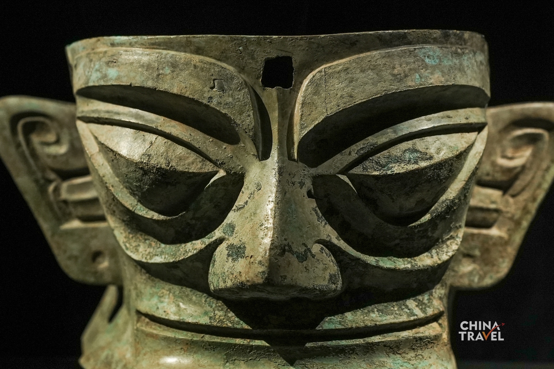 A bronze mask from Sanxingdui features protruding eyes, large ears and exaggerated facial features characteristic of the ancient Shu civilization, which dates back to some 5,000 to 3,000 years ago. /CGTN