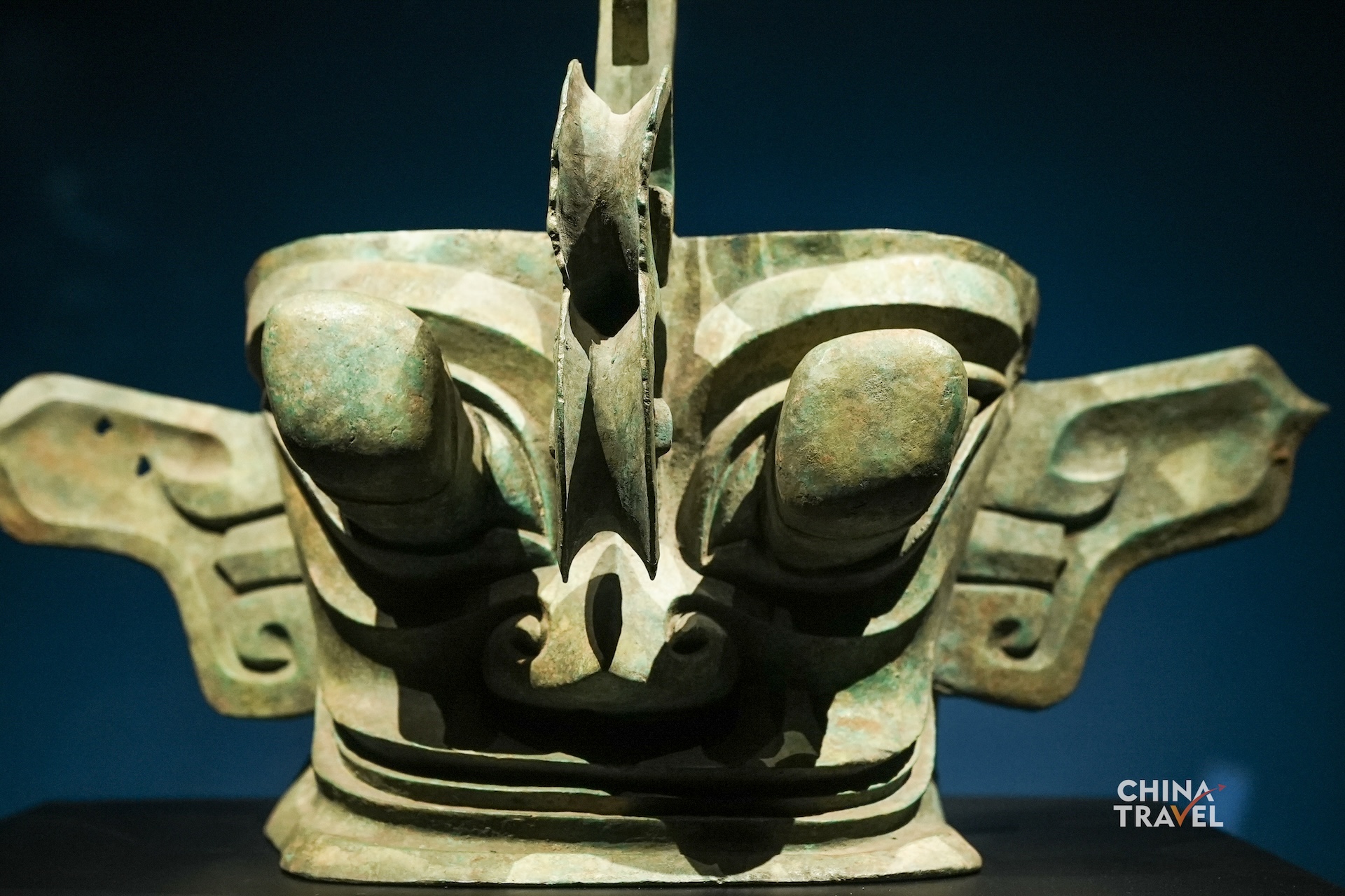 A bronze mask from Sanxingdui features protruding eyes, large ears and exaggerated facial features characteristic of the ancient Shu civilization, which dates back to some 5,000 to 3,000 years ago. /CGTN