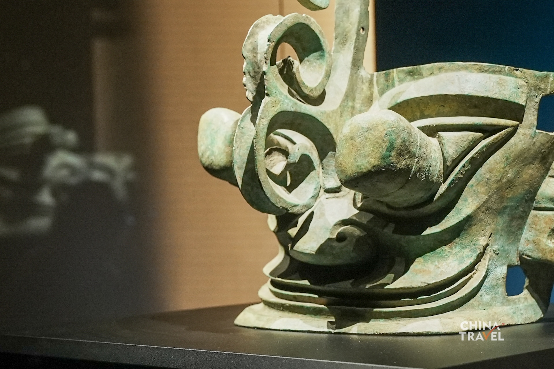 A bronze mask from Sanxingdui features protruding eyes, large ears and exaggerated facial features characteristic of the ancient Shu civilization, which dates back to some 5,000 to 3,000 years ago. /CGTN