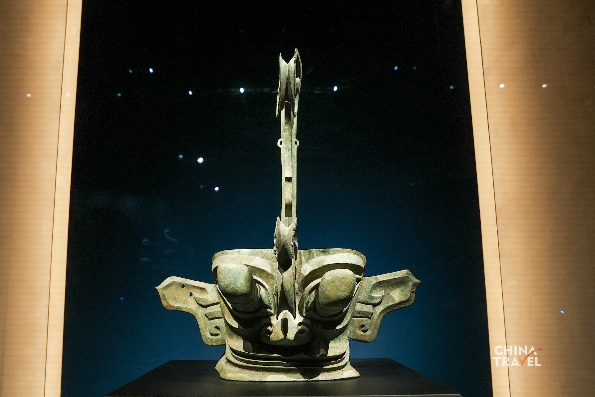 A bronze mask from Sanxingdui features protruding eyes, large ears and exaggerated facial features characteristic of the ancient Shu civilization, which dates back to some 5,000 to 3,000 years ago. /CGTN