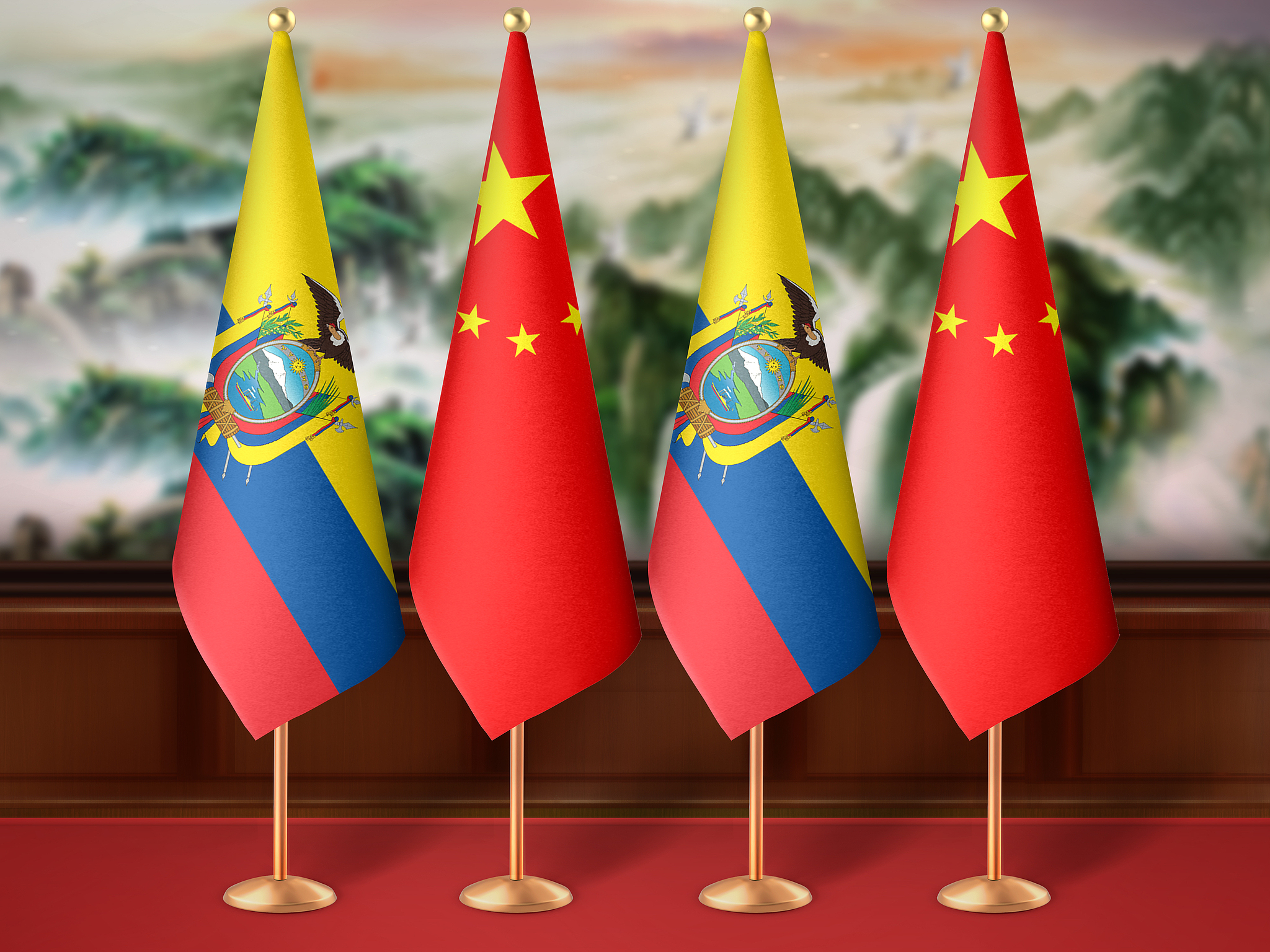 The national flags of China and Ecuador. /VCG