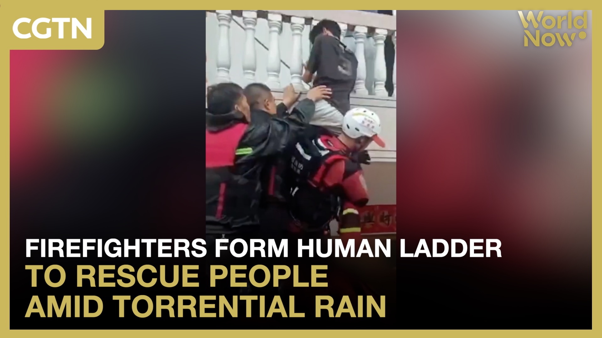 Firefighters form human ladder to rescue people amid torrential rain