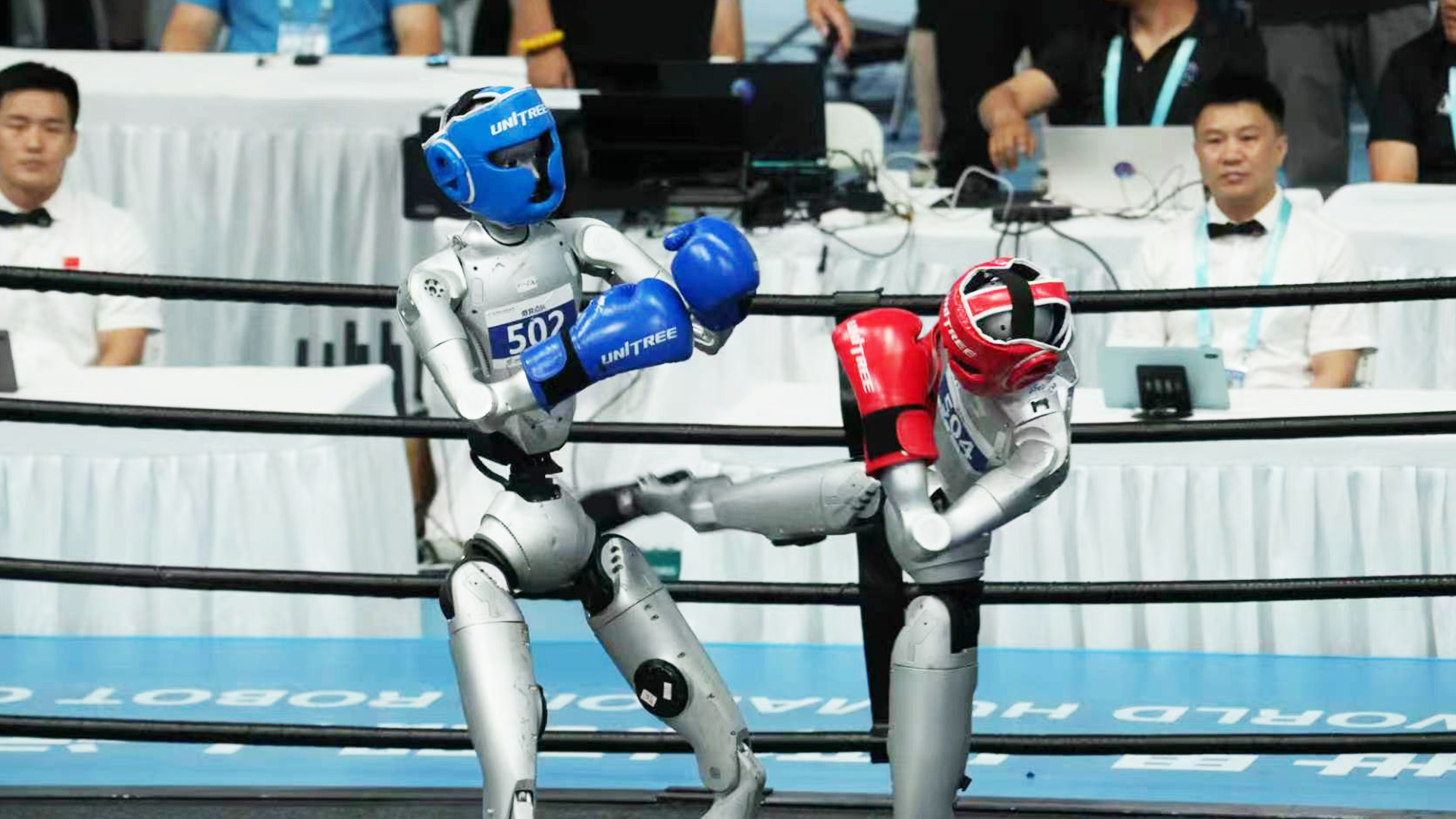Boxing competition at the second World Humanoid Robot Games. / Photo by Qu Bo