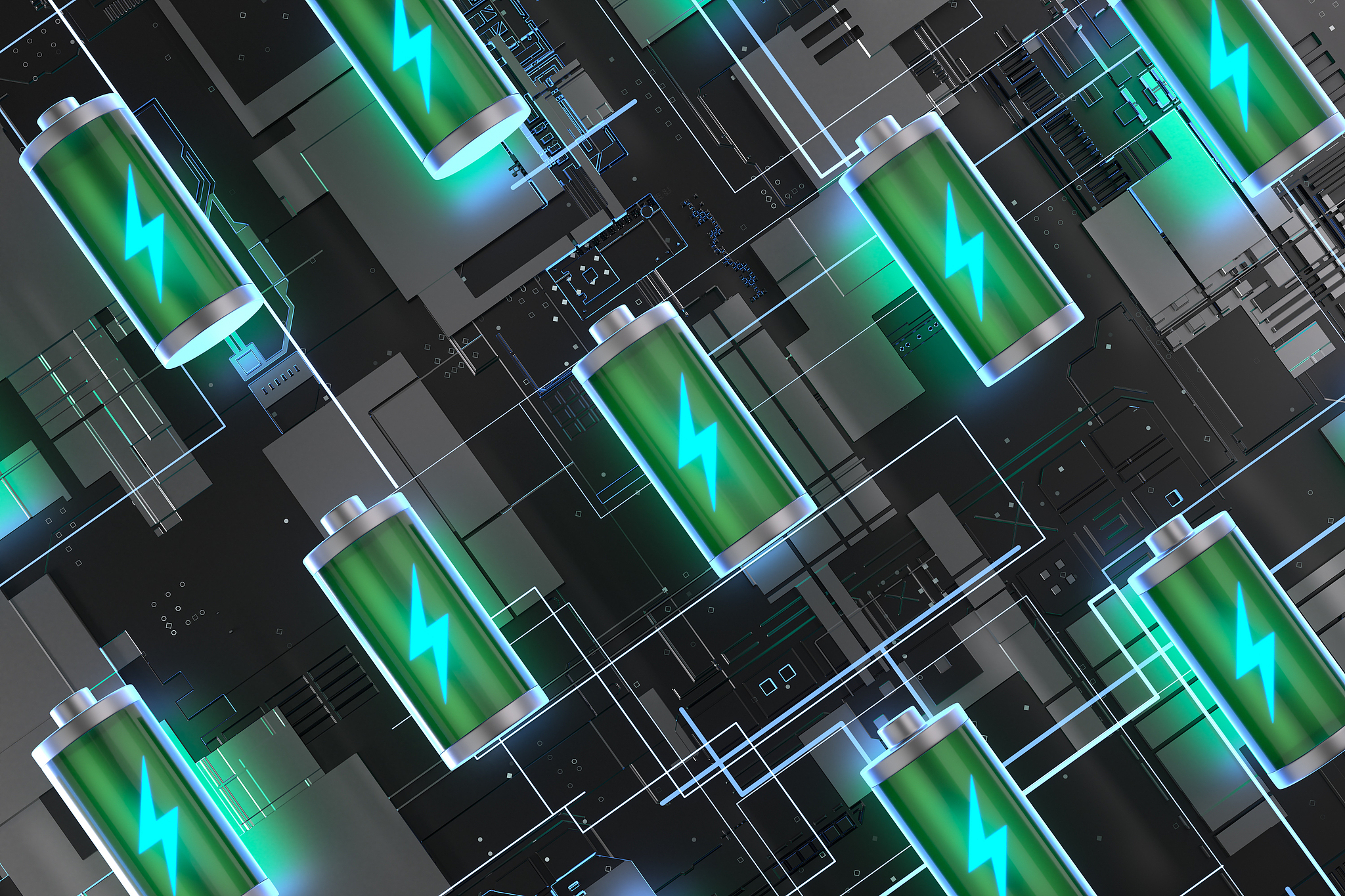 Concept illustration of battery energy storage technology on circuit board, symbolizing new‑energy power industry. /VCG