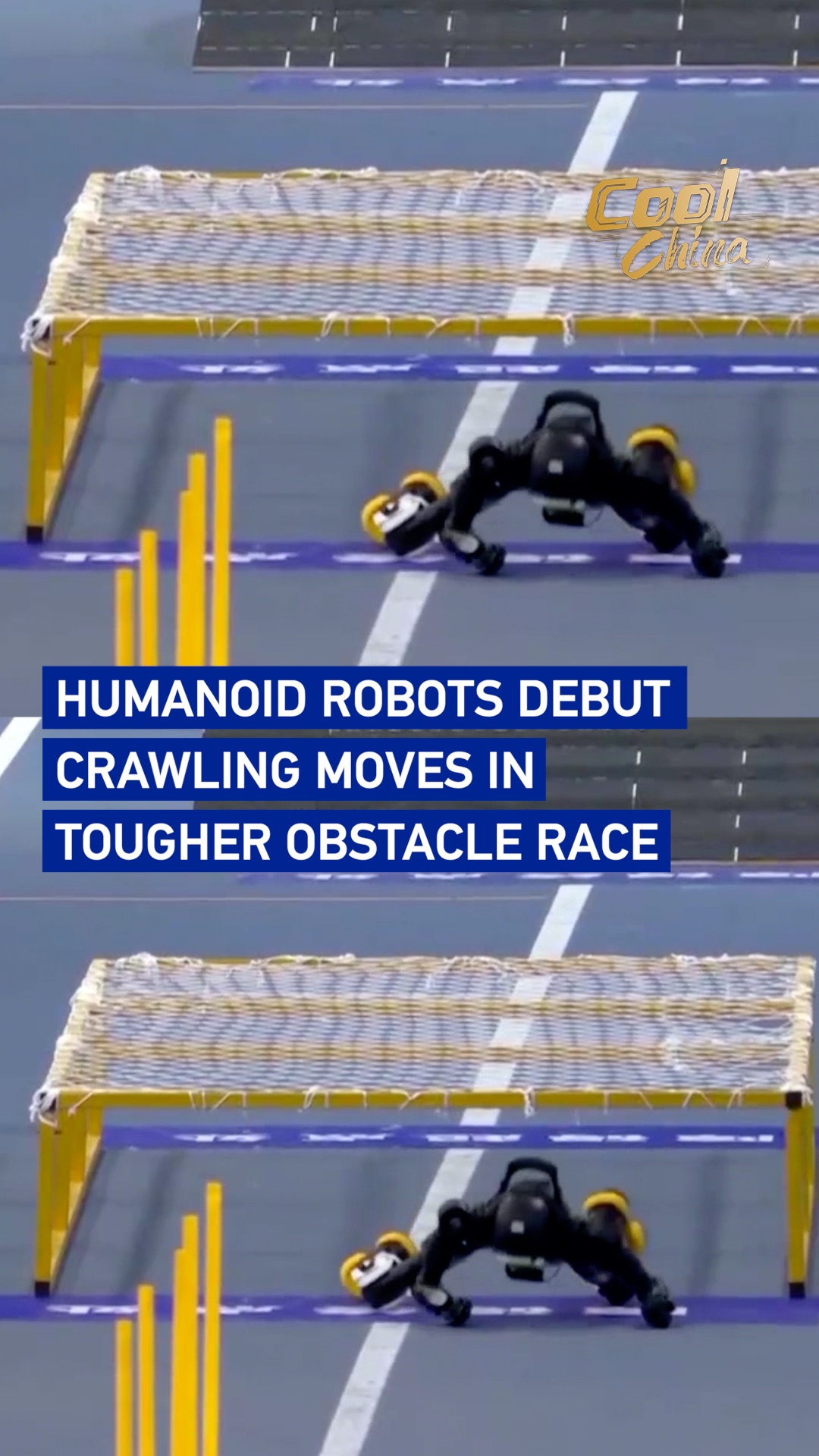 Humanoid robots debut crawling moves in tougher obstacle race