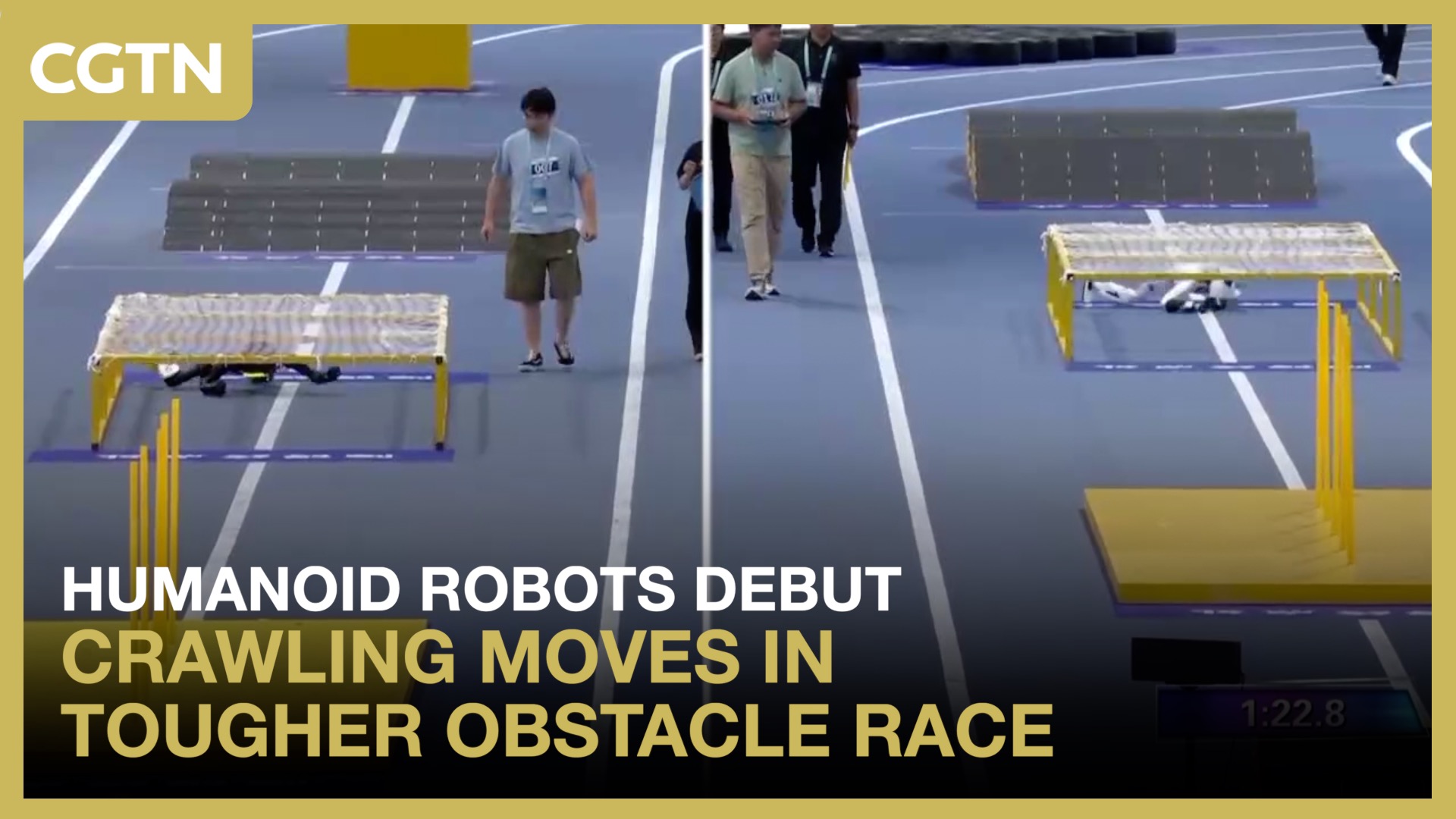 Humanoid robots debut crawling moves in tougher obstacle race