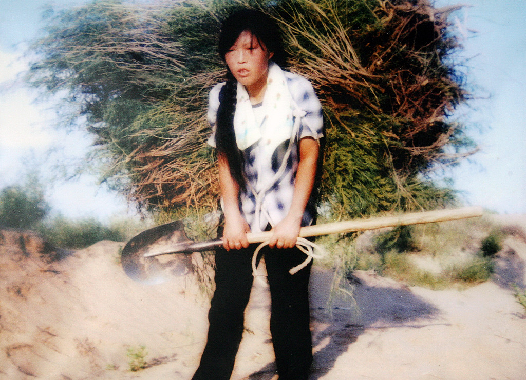 File photo Yin Yuzhen carrying tree saplings on her back, August, 2009. /VCG