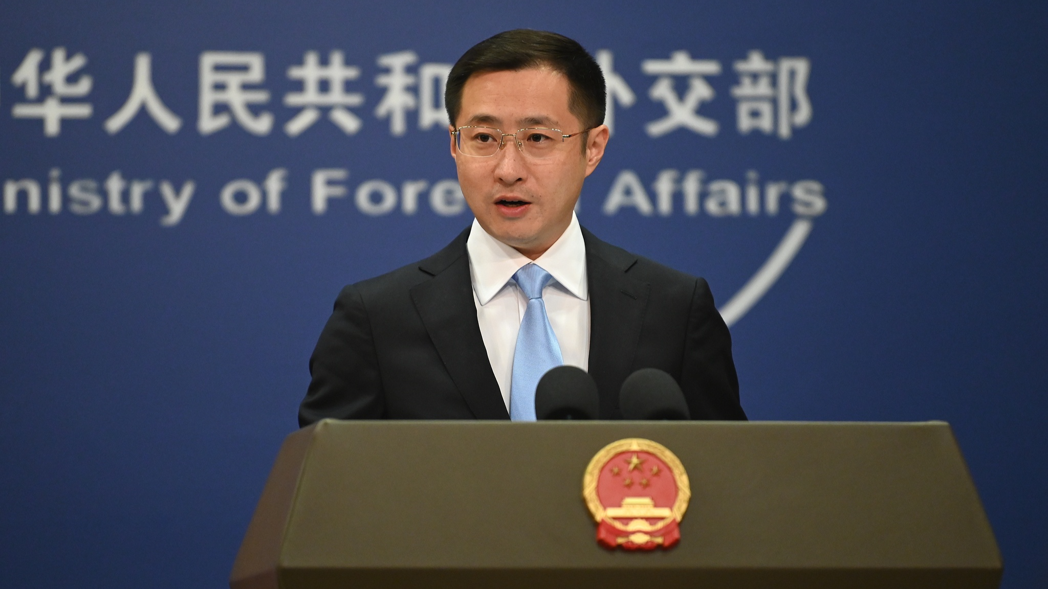 A file photo of Chinese Foreign Ministry spokesperson Lin Jian speaking at a press conference in Beijing, China. /VCG