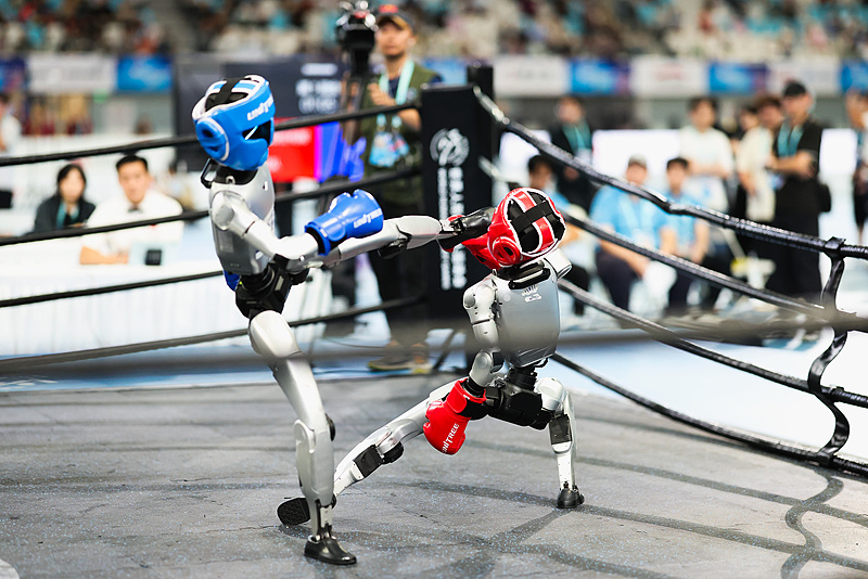 Humanoid robots fight during a kickboxing match during the 2nd World Humanoid Robot Games at the National Speed Skating Oval in Beijing, China, August 2026. /VCG