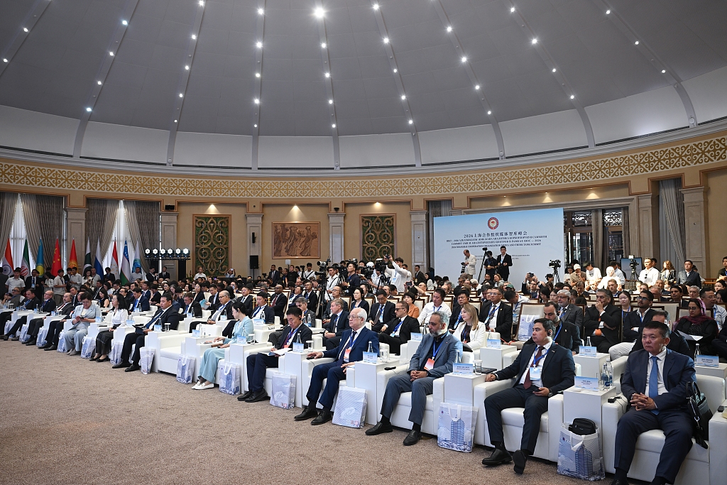 Delegates attend the SCO Media and Think Tank Summit at the Ala-Archa State Residence in Bishkek, Kyrgyzstan, July 27, 2026. /VCG