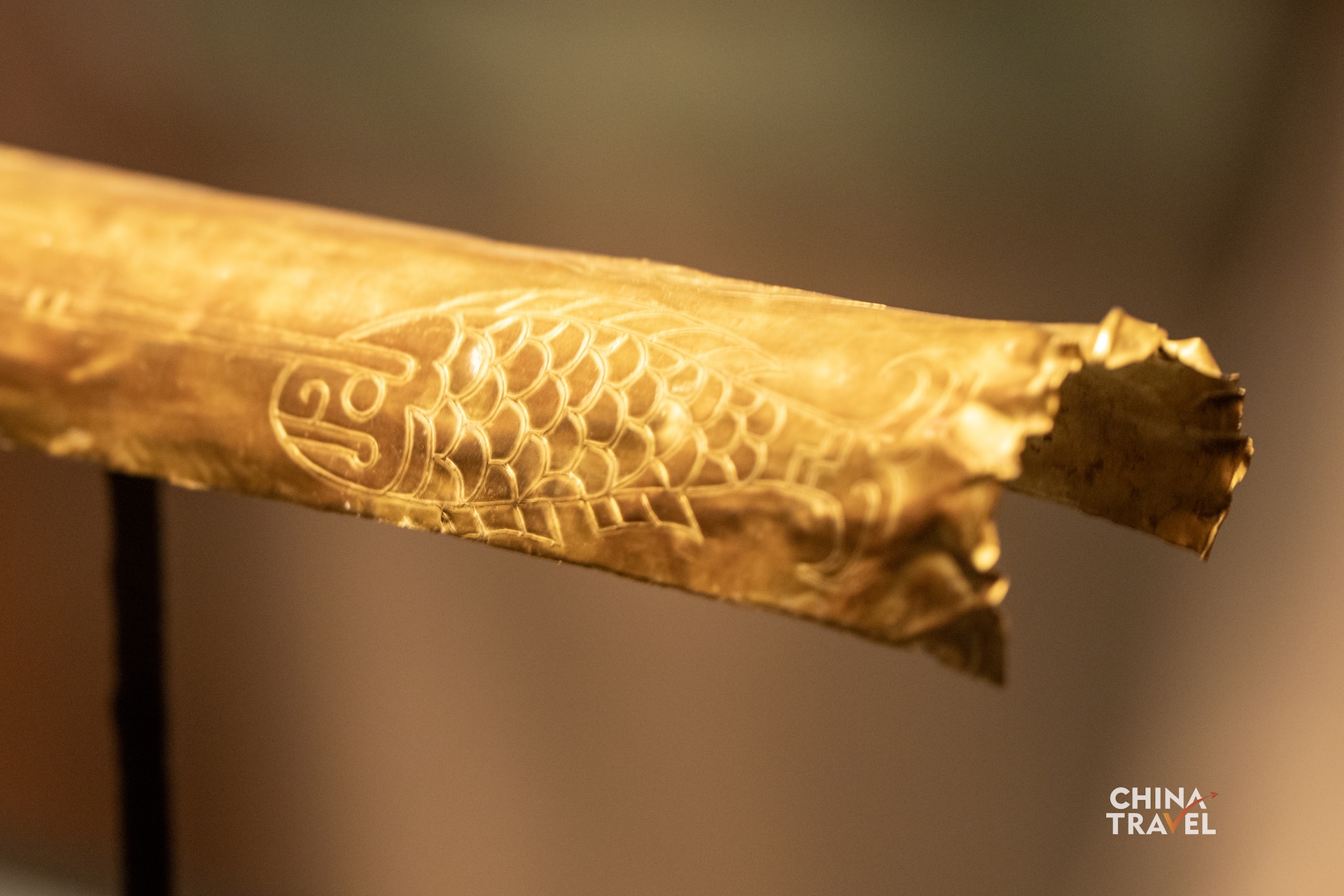 Sanxingdui's gold scepter is decorated with images of fish, birds, arrows and human figures. Its gold foil is believed to have once covered a wooden core. /CGTN