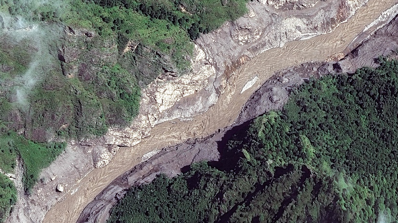 This handout satellite image taken and released by Vantor on August 27, 2026, shows the Trishuli River in Nepal after flash floods and landslides hit the area. /VCG