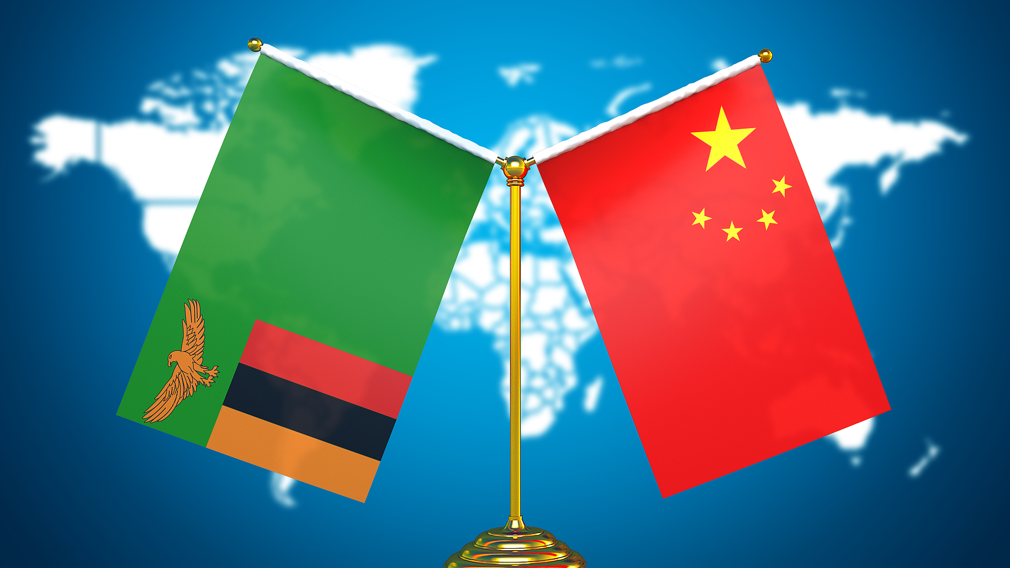 The national flags of China (R) and Zambia. /VCG