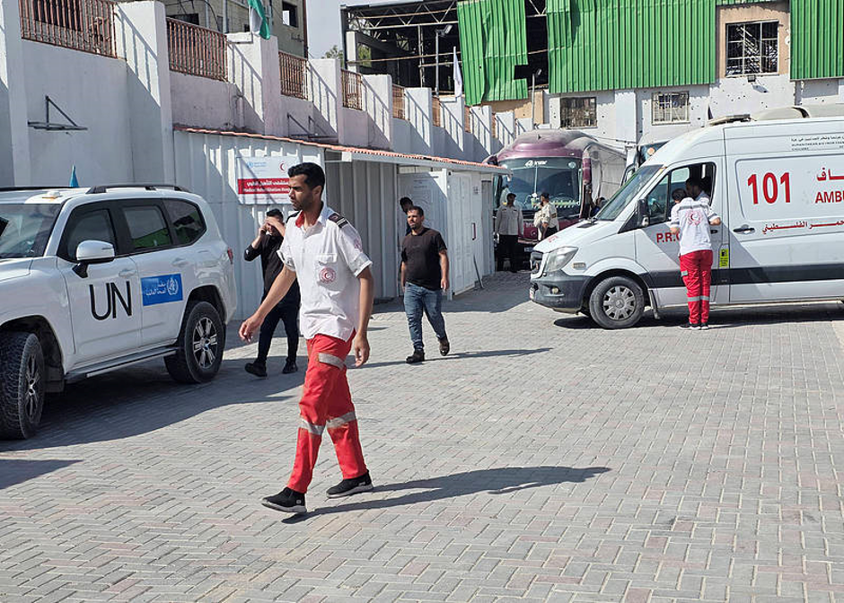 An ambulance with wounded Palestinians leaves Khan Younis, southern Gaza Strip, for medical treatment in Egypt, June 16, 2026. /CFP