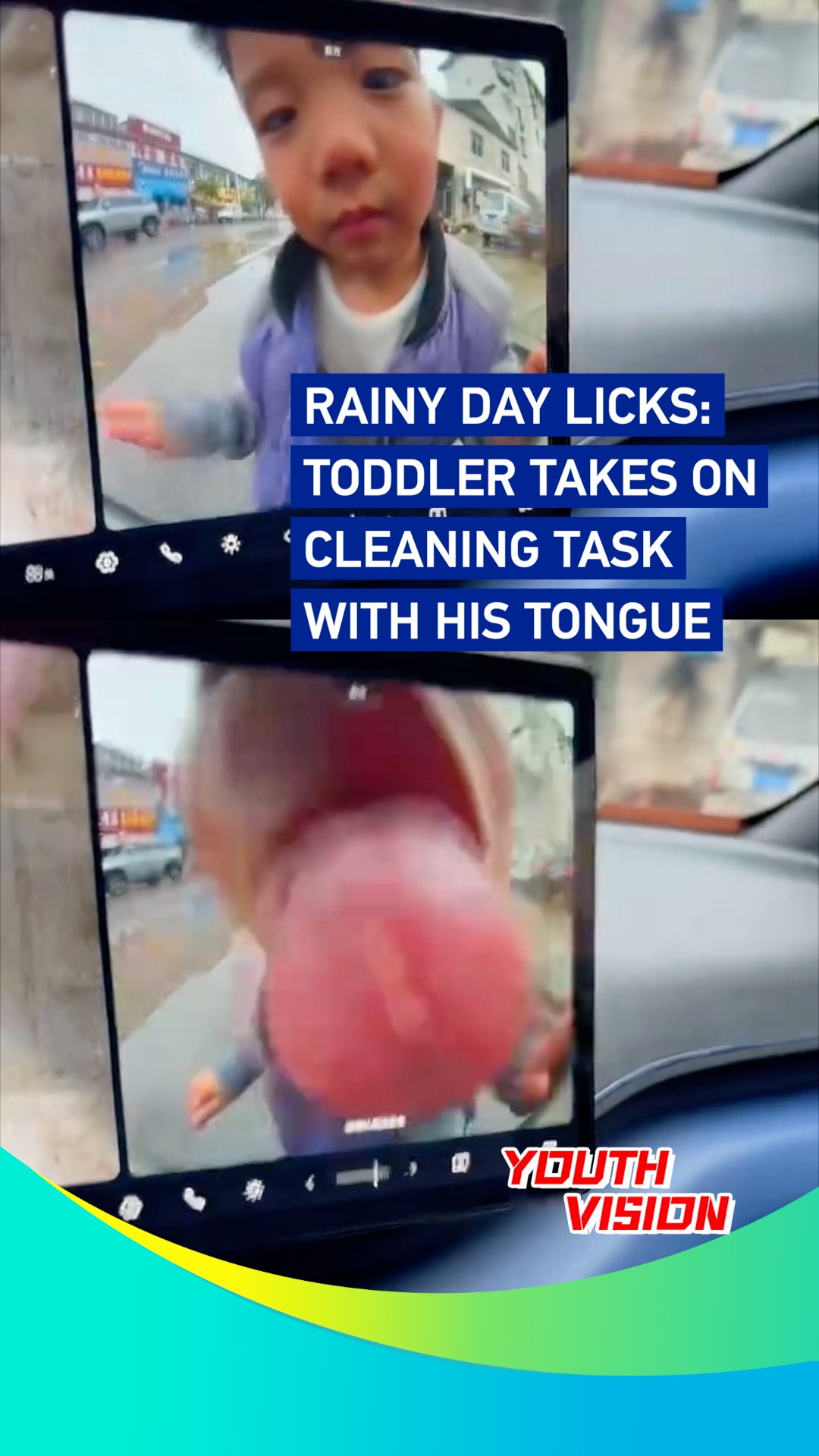 Rainy day licks: Toddler takes on cleaning task with his tongue