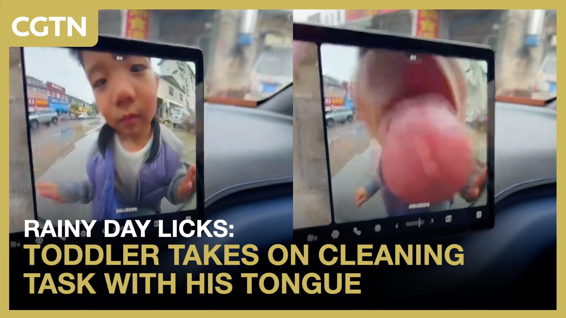 Rainy day licks: Toddler takes on cleaning task with his tongue