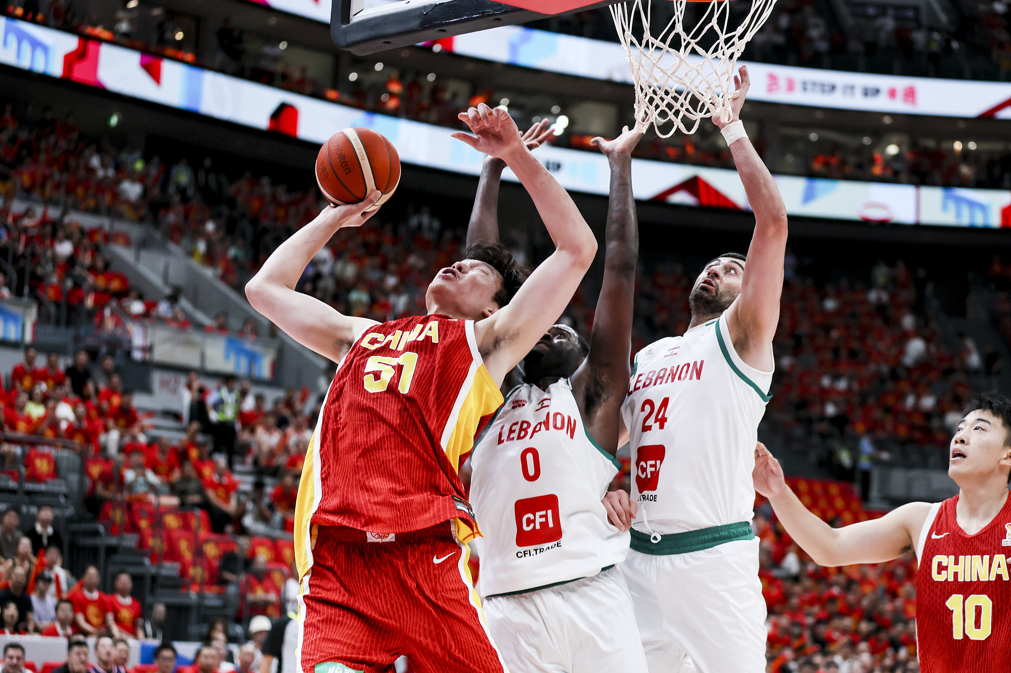 China's Yang Hansen (#51) shoots a layup in the second-round game of the 2027 FIBA Basketball World Cup Asian Qualifiers against Lebanon in Zhuji, east China's Zhejiang Province, August 31, 2026. /VCG