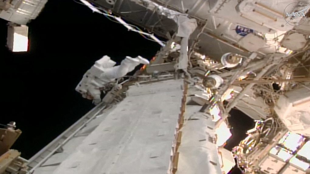 Frame grab from a NASA live video stream shows ESA astronaut Sophie Adenot working during a spacewalk outside the International Space Station, August 25, 2026. /VCG